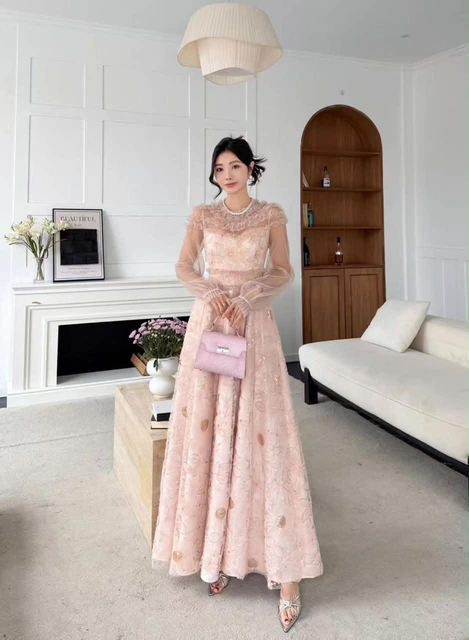 Blush Rose Embroidered Evening Gown