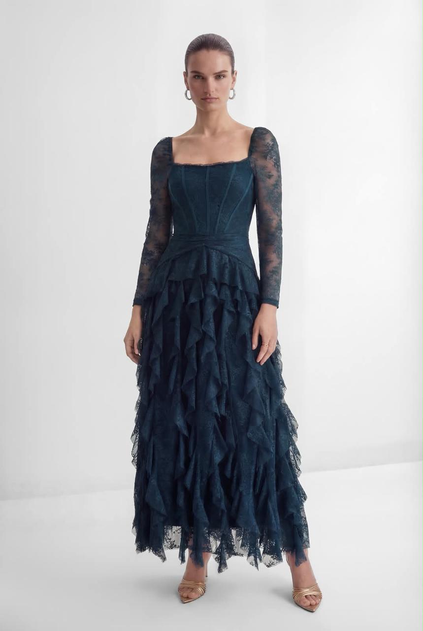 Midnight Romance Lace Ruffle Gown