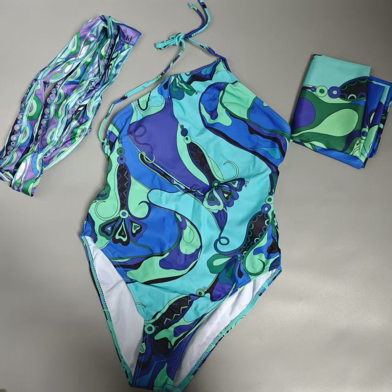 Pucci-Inspired One-Piece Swimsuit with Matching Scarf