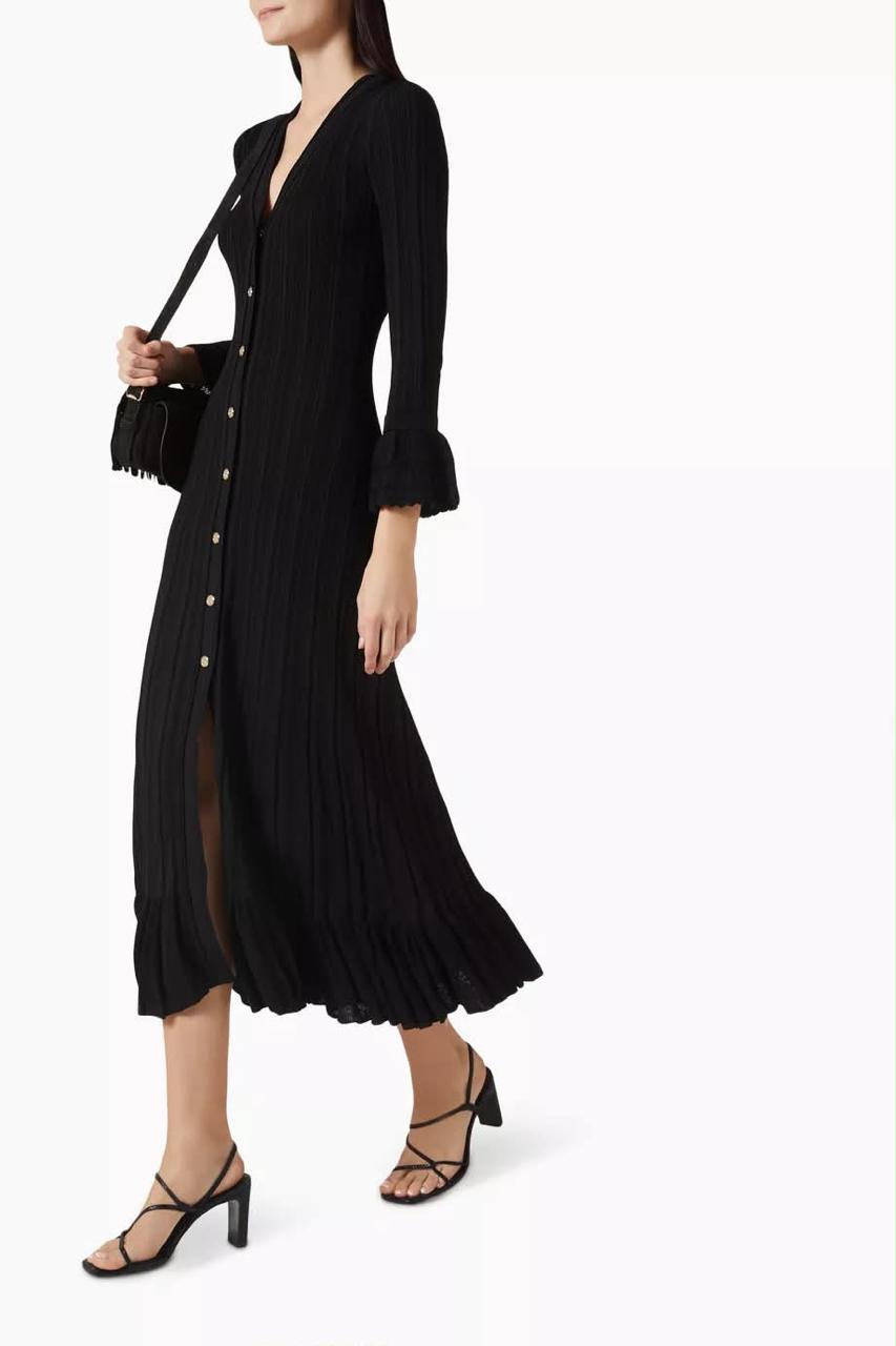 Elegant Ribbed Knit Midi Dress – Black