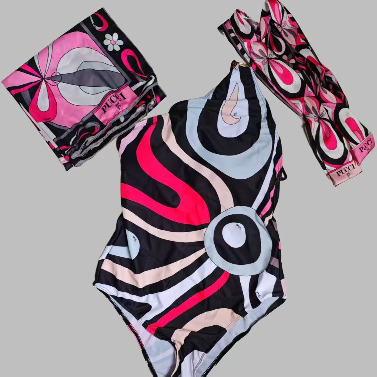 Pucci-Inspired One-Piece Swimsuit with Matching Scarf