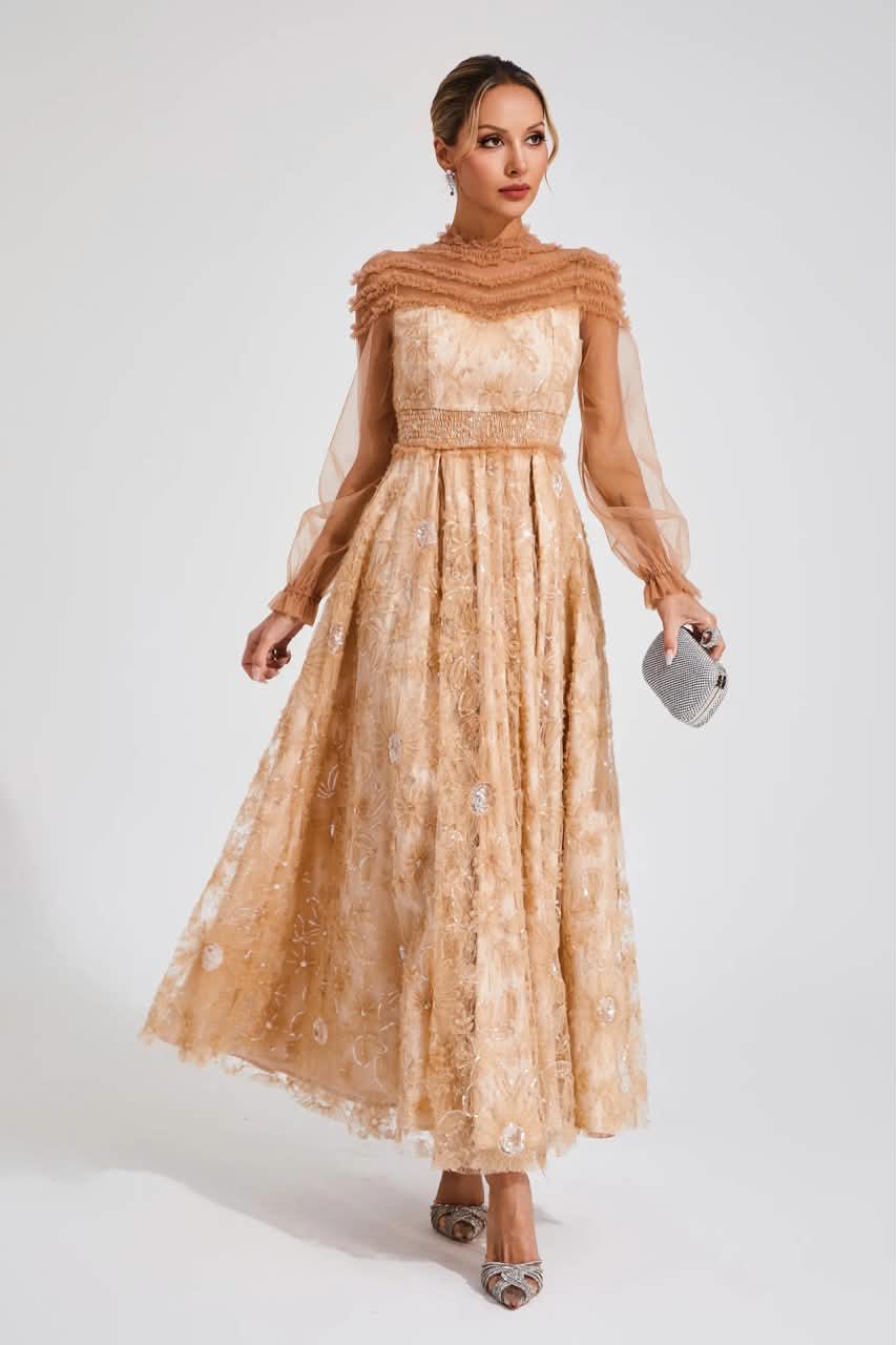 Luxury Lace Evening Gown – Champagne Gold