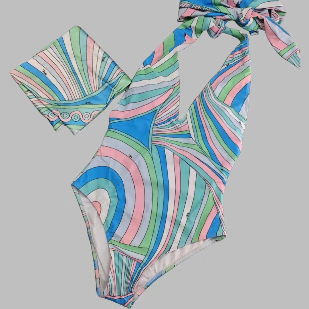 Pucci-Inspired One-Piece Swimsuit with Matching Scarf