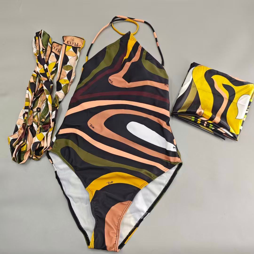Pucci-Inspired One-Piece Swimsuit with Matching Scarf